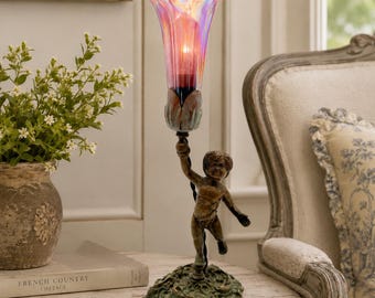 Antique Solid Brass Cherub Accent Lamp with Purple Iridescent Art Glass Pond Lily Shade