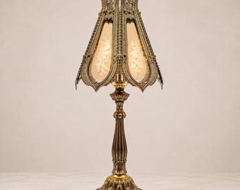 Vintage Loevsky & Loevsky WMC Metal Table Lamp with Etched Glass Paneled Shade