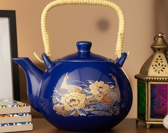 Japanese Cobalt Blue Porcelain Teapot with Peacocks and Peonies Design