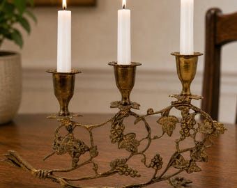 Vintage Brass Three Candle Candelabra with Grape Vine Design