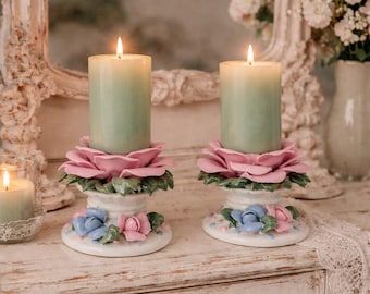 Vintage Pair of Italian Capodimonte Style Floral Porcelain Candle Holders
