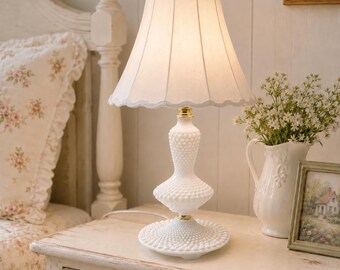 Refurbished Vintage White Hobnail Milk Glass Table Lamp