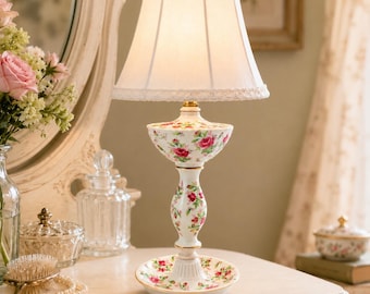 Refurbished Vintage White Porcelain Table Lamp with Pink Roses and Gold Trim