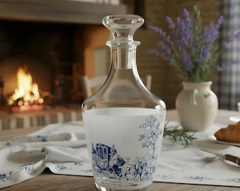 Vintage French Glass Decanter with Toile Design