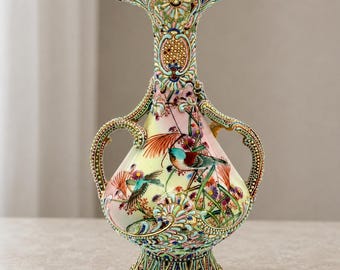 Antique Shimamura Moriage Double Handled Porcelain Vase