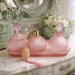 antique pink glass dressing table set Dirty Fabulous  Vintage pink glass dressing table set