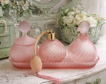 Vintage Pink Frosted Glass 3-Piece Vanity Set with Atomizer