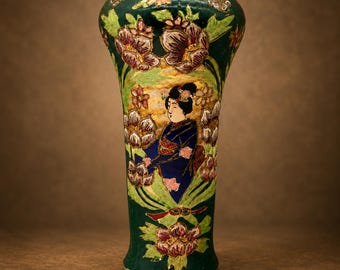 Vintage Japanese Satsuma Style Vase with Geisha and Floral Design