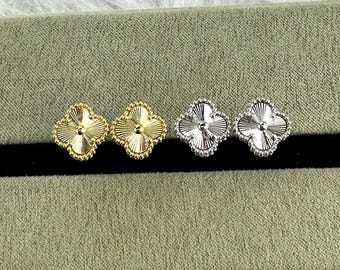 925 Silver Plated With 18K Gold Clover Earrings,9mm Mini All-gold Laser Stud Clover