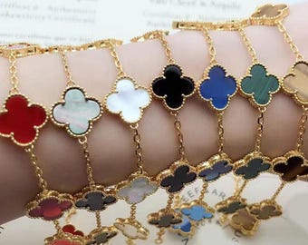 Pulsera de plata 925 bañada en oro de 18 quilates con trébol, ágata natural de 15 mm, calcedonia y nácar.