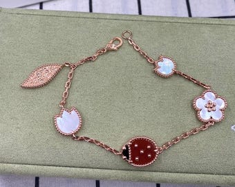 925 Silver Plated With 18K Gold Clover Bracelet,Mother-of-Pearl Chalcedony Ladybug Bracelet