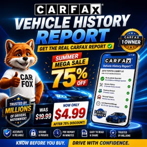May include: A promotional graphic for a Carfax vehicle history report featuring a cartoon fox mascot, a smartphone displaying a 2019 Toyota Camry report, and text advertising a 75% discount, reducing the price from $19.99 to $4.99.