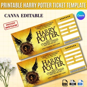 May include: Two printable Harry Potter ticket templates. The tickets have a gold background with the title "Harry Potter and the Cursed Child" and a graphic of a nest with wings. The tickets include fields for name, venue, date, time, seat, and a message.