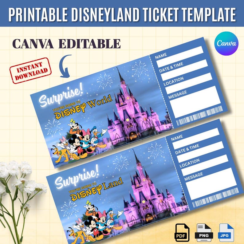 Editable Disneyland Ticket Template, Surprise Trip Reveal Gift