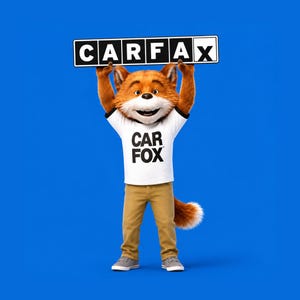 May include: A cartoon fox character with orange fur and a white muzzle, wearing a white t-shirt with the text CAR FOX in black and tan trousers. The fox holds a rectangular sign above its head with the text CARFAX in black on a white background.