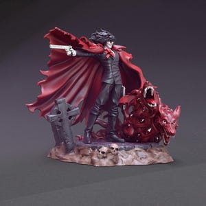 Peut inclure: Figurine détaillée d'un personnage en costume noir et cape rouge, tenant une arme à feu. La figurine est sur une base avec une pierre tombale, des crânes et un monstre rouge. Objet de collection.