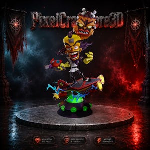 May include: A 3D-printed figurine of a cartoon character with a maniacal grin, riding a red and black hoverboard. The character is yellow and purple, holding a red ray gun. A tribal mask hovers above. The base is a green and purple UFO.