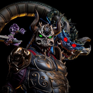 May include: A detailed sculpture of a warrior in ornate armor, featuring a skull-like mask with glowing green eyes. A dragon and serpent are positioned behind the warrior. The sculpture has a dark color palette with gold and blue accents.