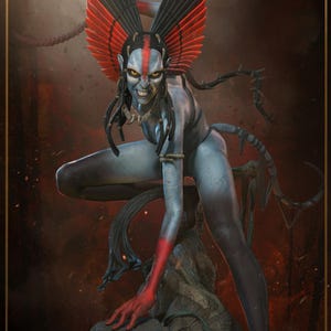 Peut inclure: Illustration numérique d'une figure humanoïde à la peau bleue, avec des accents rouges et une expression menaçante. La figure est ornée d'une coiffe de plumes et de détails corporels complexes, posée dans une posture accroupie dynamique. Le fond est un dégradé flou et enflammé.