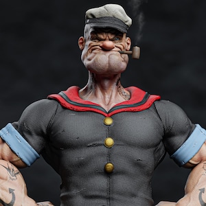 Puede incluir: Representación 3D detallada de Popeye el Marino. Viste una camisa de marinero gris con botones dorados y cuello rojo, una gorra blanca y fuma una pipa. Sus brazos musculosos están tatuados y tiene una expresión severa.