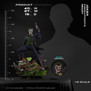 May include: A detailed statue of the Joker, a DC Comics character, in a dynamic pose. The figure is 40 cm tall, 27 cm wide, and 19 cm deep. The Joker is dressed in a purple suit with a green vest, holding a gun. Includes an extra portrait.