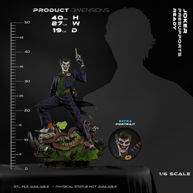 May include: A detailed statue of the Joker, a DC Comics character, in a dynamic pose. The figure is 40 cm tall, 27 cm wide, and 19 cm deep. The Joker is dressed in a purple suit with a green vest, holding a gun. Includes an extra portrait.