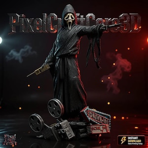 May include: A black figure in a hooded robe and mask, holding a knife and a prop phone, stands over a film reel and a drive-in sign. The sign reads "DRIVE-IN SCREAM 4". The text "Pixel Craft Core 3D" is visible in the background.