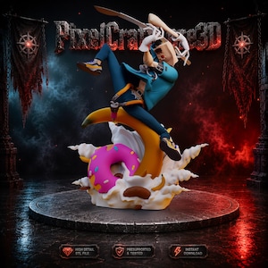 May include: A 3D-rendered figurine of a character in a dynamic pose, wielding a sword. The figure is atop a banana and donut, with a cloud base. The color palette includes blue, yellow, pink, and white. The text "PixelCrafters3D" is displayed at the top.