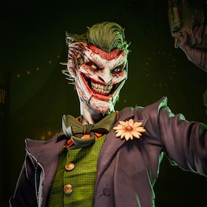 May include: A detailed statue of the Joker, featuring green hair, a sinister grin, and a purple suit with a green vest. The figure has a flower on the lapel and a bow tie. The background is a dark green with lights.