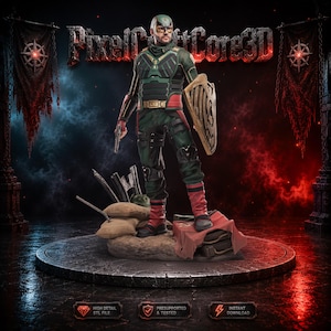 Puede incluir: Una figura renderizada en 3D de un superhéroe con un traje verde y negro, sosteniendo un escudo y una pistola. La figura está sobre una plataforma circular con el texto "PixelCraftCore3D" encima. El fondo presenta pancartas y un esquema de color dramático.