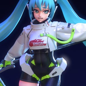 May include: A detailed image of a stylized anime figure with turquoise hair in pigtails. The figure wears a white jacket with the text "CHUYA FACTORY" and black shorts. Neon green accents are visible on the jacket and shorts.