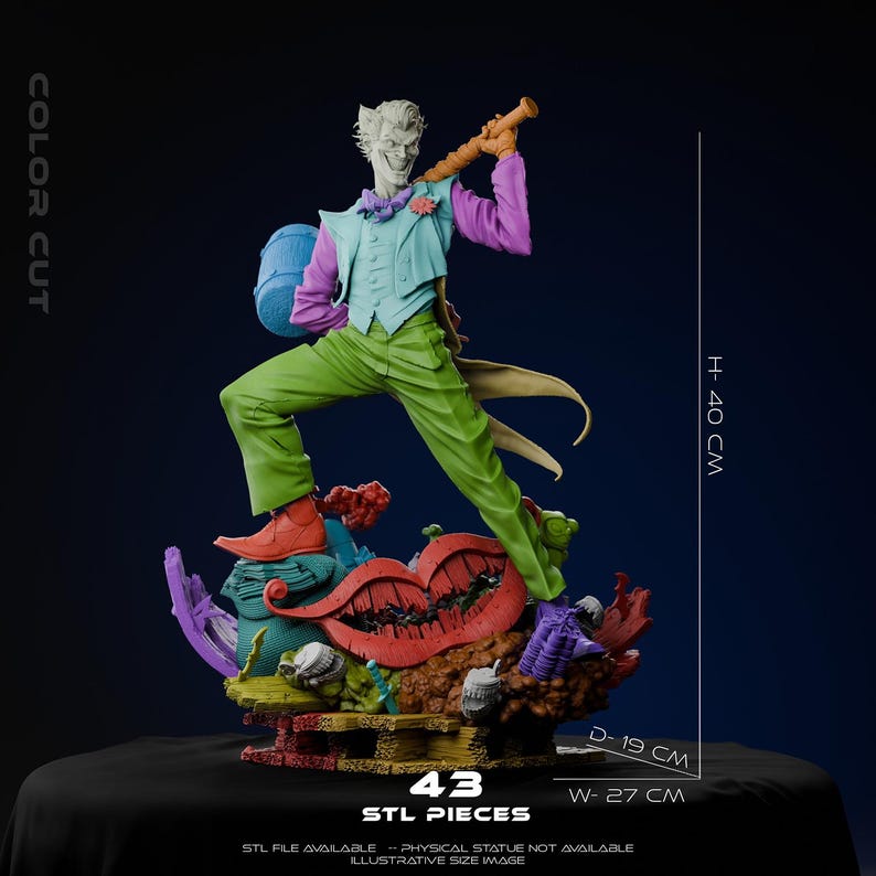 May include: A colorful statue of a character in a purple, green, and blue outfit, holding a musical instrument. The statue is 40 cm tall, 27 cm wide, and 19 cm deep. The base features a large red mouth and other colorful elements. The text "43 STL PIECES" is visible.