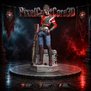 Può includere: Statuina stampata in 3D di una donna in abito futuristico, con giacca rossa e nera, jeans blu e stivali neri. La figura è su una piattaforma circolare, con un fucile appoggiato. Il testo "PixelCraftCore3D" è incluso.