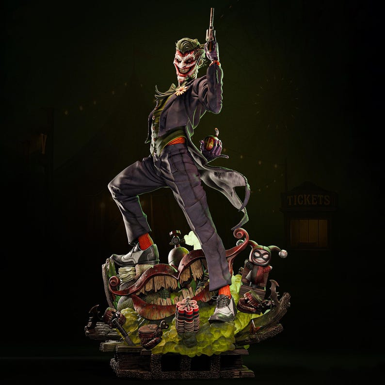 May include: A detailed statue of the Joker, a DC Comics villain, in a dynamic pose. The figure wears a purple suit, green hair, and white face paint. He holds a gun and stands on a themed base with Harley Quinn and other elements.