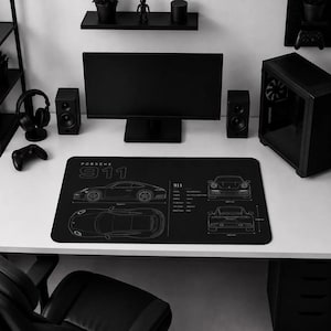 Porsche 911 Blueprint Long Desk Mat, Car Design Mouse Pad, Automotive Desk Pad, Gaming Desk Mat, Sports Car Lover Desk Decor