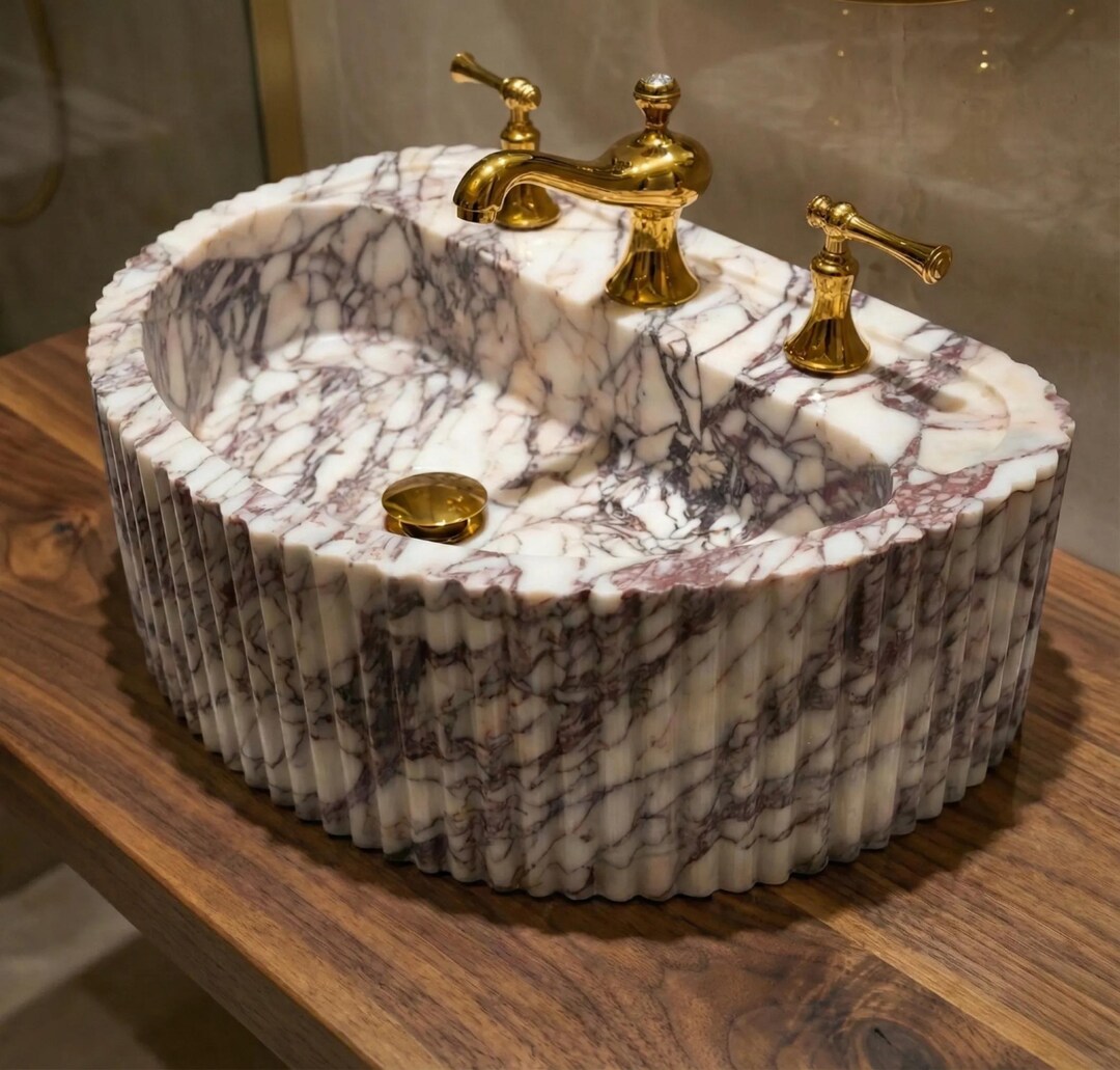 Calacatta Viola Marble Sink: Ribbed Front, Compact Farmhouse Style ...