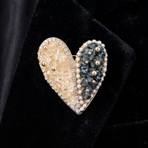 Half and Half Crystal Heart Brooch, Yin Yang Druzy Lapel Pin, Pearl Border Jewelry