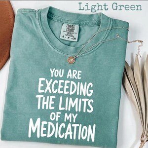 May include: A light green short-sleeved t-shirt with a crew neckline and a Comfort Colors brand label. The shirt features white text printed on the front that reads: YOU ARE EXCEEDING THE LIMITS OF MY MEDICATION. A thin gold-toned chain necklace is present.