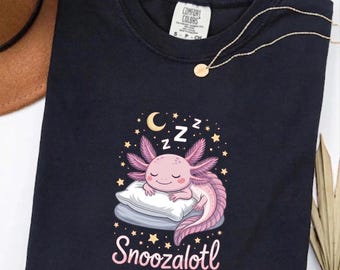 Axolotl Pajamas Girls Sleepshirt Snoozalotl Comfort Colors T-Shirt, Cute Axolotl Lover Gift, Kawaii Sleep Animal Graphic Tee