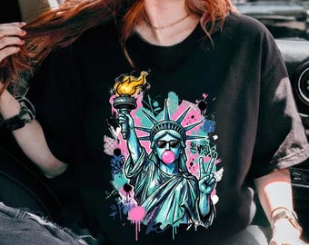 Preppy Brushstroke Statue of Liberty Blowing Bubble Comfort Colors, USA , America 4th July Design, Girly Shirt