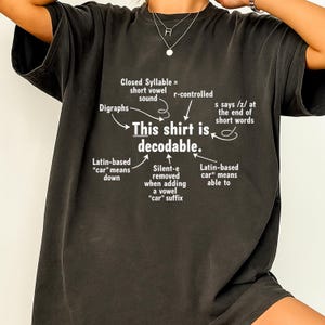 Op de afbeelding: Een antracietgrijs t-shirt met korte mouwen, voorzien van witte tekst en pijlen die naar taalkundige concepten wijzen. De centrale tekst luidt, This shirt is decodable, omringd door labels zoals Digraphs, Closed Syllable en Latin-based.