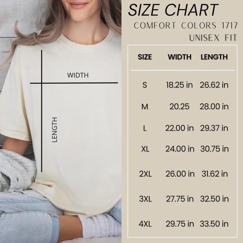 Puede incluir: Una camiseta unisex color crema con una tabla de tallas. La tabla enumera las tallas S a 4XL, con las medidas de ancho y largo correspondientes en pulgadas. Tambi&eacute;n se ve el texto "SIZE CHART" y "COMFORT COLORS 1717 UNISEX FIT".