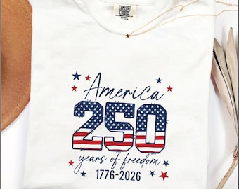 Shirt VS 250e verjaardag comfortkleuren, T-shirt Amerika verjaardag 1776–2026, T-shirt patriottische sterren strepen