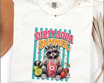 Dirty Soda zomer comfort kleuren retro wasbeer T-shirt, grappig cadeau wasbeer minnaar, vintage zomerdrankje grafisch T-shirt, schattige vuilnispanda