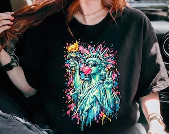 Preppy Brushstroke Statue of Liberty Blowing Bubble Comfort Colors, USA , America 4th July Design, Girly Shirt