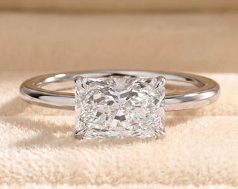 Anello di fidanzamento Radiant Cut East West con diamante solitario da 2 carati coltivato in laboratorio, incastonatura a cestino rialzato, in oro, da donna.