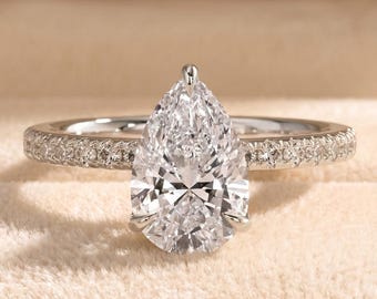 Anello di fidanzamento con taglio a goccia, diamante sintetico da 2 ct, alone nascosto, pavé, solitario, anello di proposta in oro da donna.