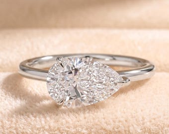 Anello di fidanzamento da donna con taglio a goccia, diamante solitario coltivato in laboratorio da 2 carati, montatura a cestino rialzata, oro.