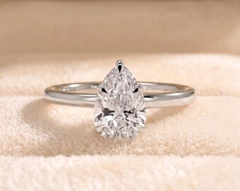 Anello di fidanzamento da 2 ct | Taglio a pera, alone nascosto, certificato IGI - Diamante creato in laboratorio, griffe a forma di aquila, 1,8 mm
