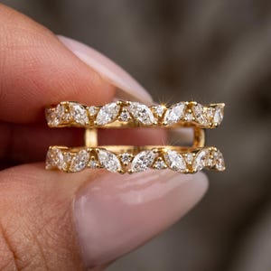 Anello con diamante a taglio marquise e doppia fascia con motivo a foglie | Oro massiccio 14K/18K